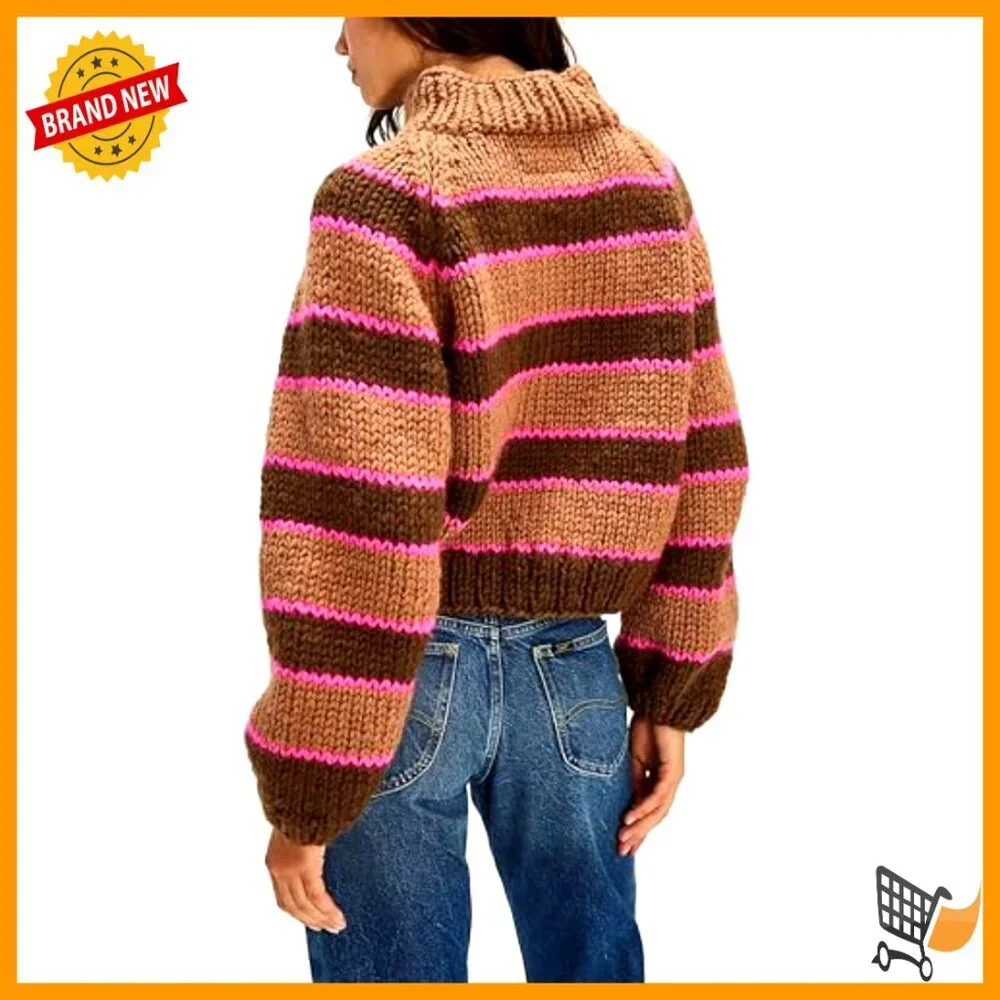 Striped Turtleneck Pullover Sweater Ribbed Knit Chunky Oversized Casual Winter - Picture 3 of 7